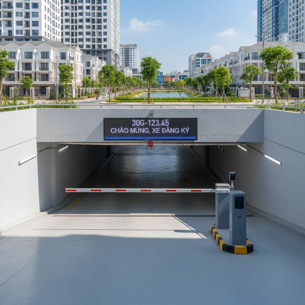 Hệ thống camera nhận diện biển số xe tự động lắp đặt tại lối vào tầng hầm chung cư hiện đại, màn hình LED hiển thị biển số và thông tin xe, barrier tự động đang nâng lên, bên cạnh có trụ đọc thẻ cảm ứng, nền tầng hầm sáng sạch với sơn epoxy xám, ánh sáng đèn LED trắng, góc chụp cận từ phía trước hệ thống.
