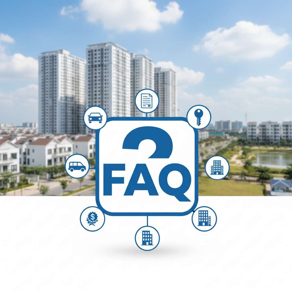 Biểu tượng FAQ cách điệu với icon dấu hỏi chấm lớn màu xanh dương, xung quanh là các icon nhỏ gồm xe ô tô, chìa khóa, tài liệu và tòa chung cư, nền trắng sạch với các tòa HH Thanh Hà mờ nhạt phía sau, thiết kế đồ họa phẳng hiện đại, màu sắc chủ đạo xanh dương và trắng.