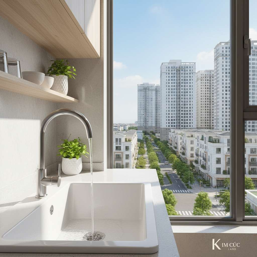 Vòi nước inox sáng bóng đang chảy nước trong sạch vào bồn rửa bát trắng trong căn bếp chung cư hiện đại, ánh sáng tự nhiên từ cửa sổ, phía sau có kệ bếp gọn gàng với chậu cây xanh nhỏ, tông ảnh tươi sáng, phong cách lifestyle, 4K