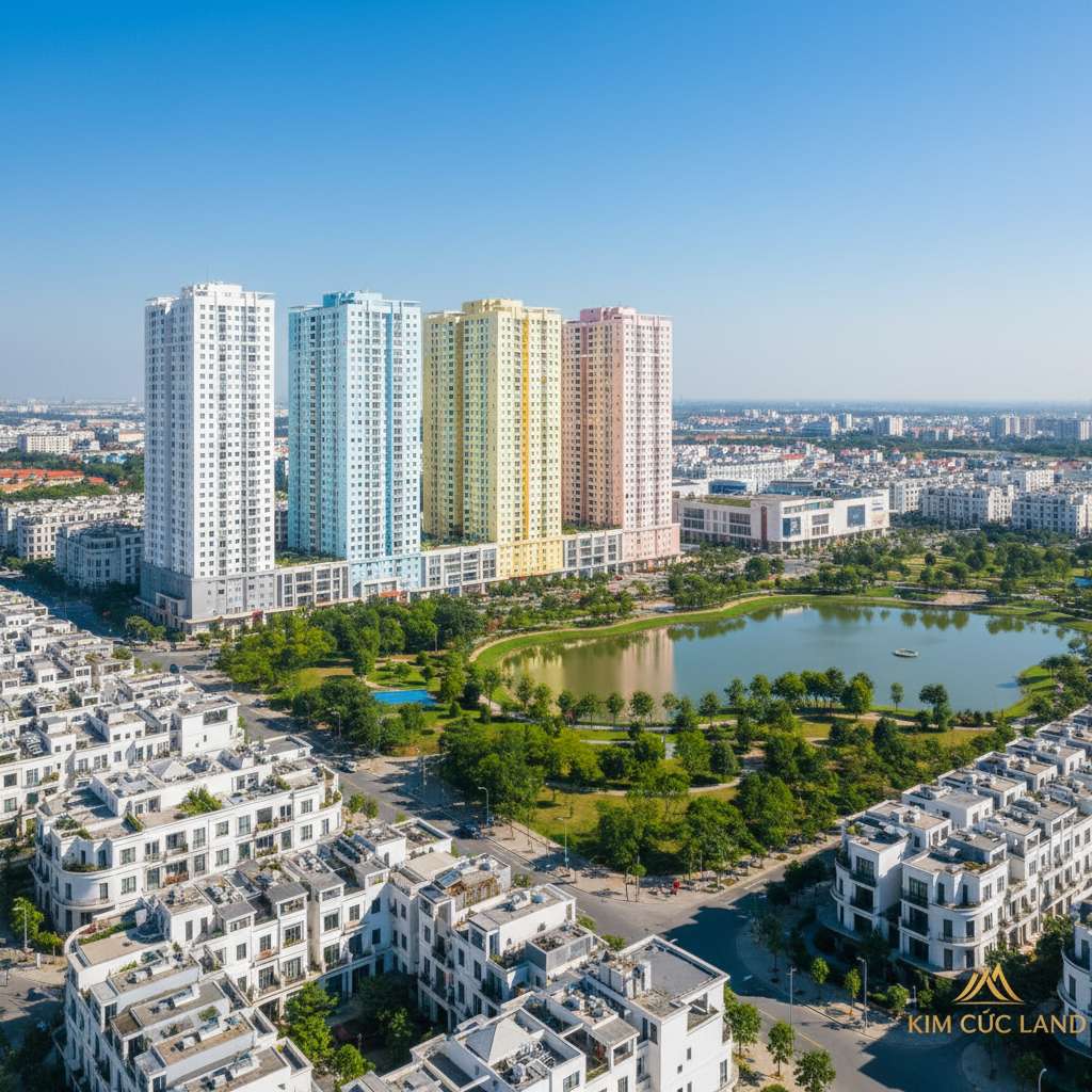 Bốn tòa chung cư cao tầng xếp cạnh nhau dưới bầu trời xanh, mỗi tòa có màu sơn khác nhau (trắng, xanh nhạt, vàng nhạt, hồng nhạt), phía dưới có khuôn viên cây xanh và đường nội bộ sạch sẽ, góc chụp rộng panorama, ánh sáng ban ngày rực rỡ, 4K