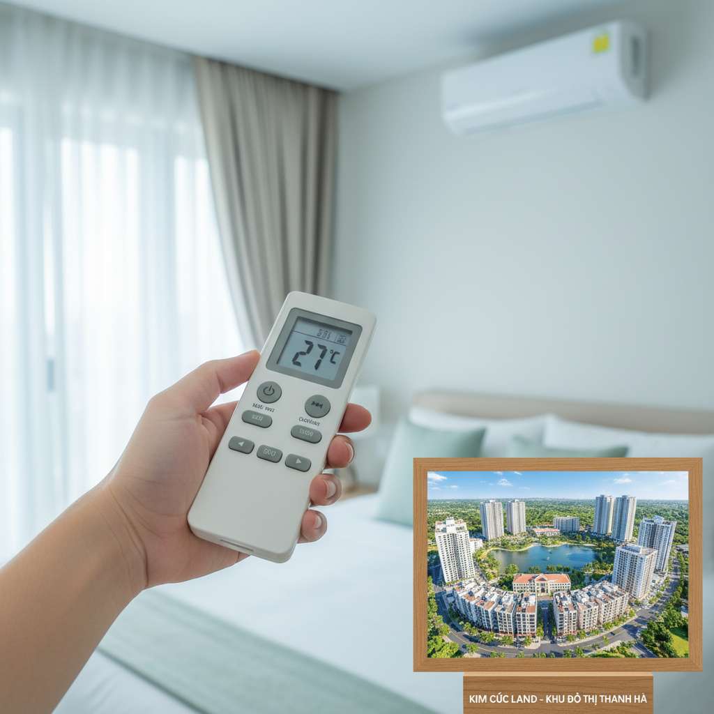 Bàn tay người đang điều chỉnh nhiệt độ điều hòa treo tường bằng remote, màn hình hiển thị 27°C, căn phòng ngủ gọn gàng với rèm cửa sáng màu, ánh sáng tự nhiên dịu nhẹ, phong cách chụp cận cảnh lifestyle, tông ảnh mát mẻ, 4K