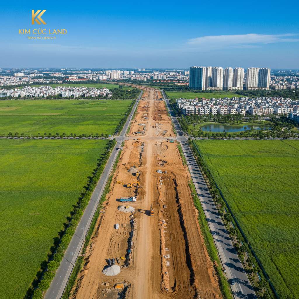 Công trường xây dựng đường Vành đai 4 đoạn qua khu vực Hà Đông nhìn từ flycam, máy xúc và xe tải đang hoạt động, nền đường đang được san lấp, hai bên là cánh đồng và khu dân cư, phía xa là silhouette KĐT Thanh Hà với các tòa chung cư, trời trong xanh, góc chụp panorama rộng, chất lượng cao