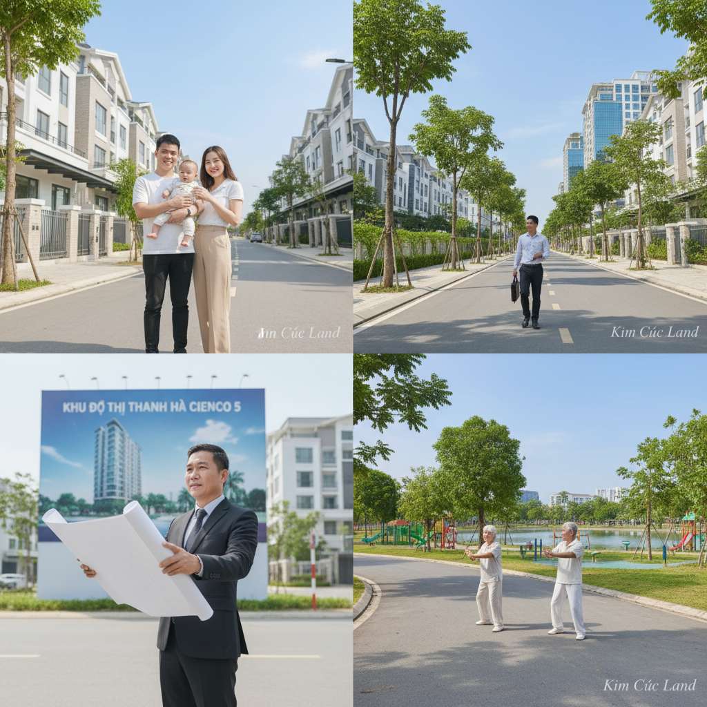 Bức ảnh chia thành 4 phần bằng nhau, mỗi phần thể hiện một nhóm đối tượng: góc trên trái là cặp vợ chồng trẻ bế con trước nhà liền kề, góc trên phải là nhân viên văn phòng nam đeo cặp laptop đi bộ trên vỉa hè KĐT, góc dưới trái là người trung niên mặc vest cầm bản vẽ bất động sản, góc dưới phải là ông bà già tập thể dục trong công viên nội khu, tất cả đều ở KĐT Thanh Hà, tông màu sáng ấm áp