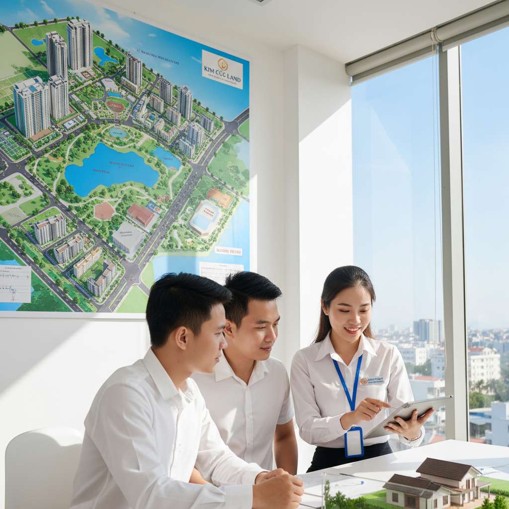 Một nhân viên tư vấn nữ của Kim Cúc Land mặc áo sơ mi trắng, đeo thẻ nhân viên, đang cầm iPad chỉ bản đồ cho cặp vợ chồng trẻ tại văn phòng tư vấn sáng sủa, trên tường treo bản đồ quy hoạch KĐT Thanh Hà, bàn có mô hình nhà thu nhỏ, ánh sáng tự nhiên từ cửa kính, góc chụp nghiêng 30 độ