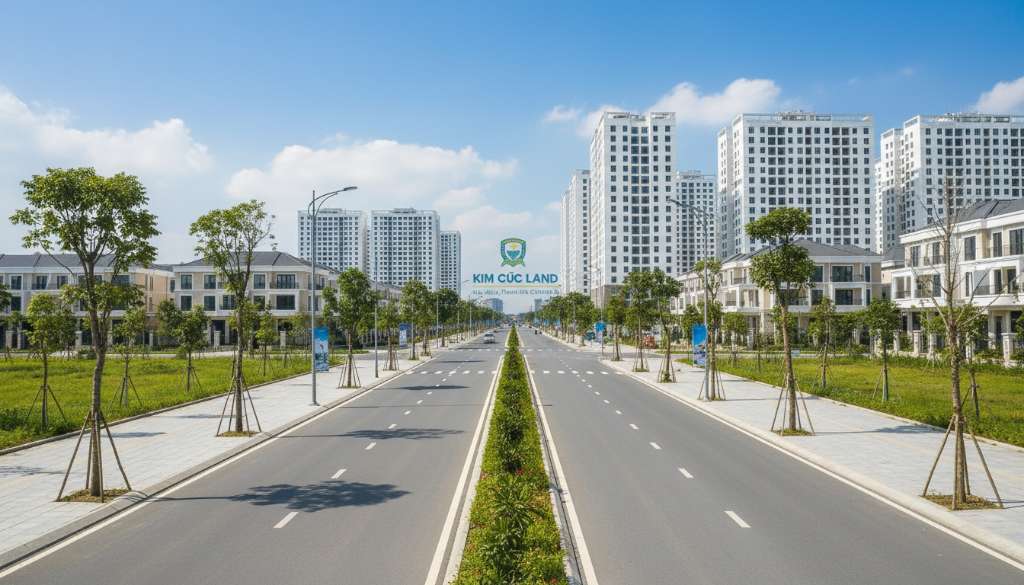 Con đường đô thị rộng rãi mới hoàn thiện với dải phân cách cây xanh ở giữa, hai bên là vỉa hè sạch sẽ, phía xa thấp thoáng các tòa nhà cao tầng, ánh sáng ban ngày trong trẻo, góc chụp thấp nhìn dọc theo đường tạo chiều sâu, chất lượng cao sắc nét