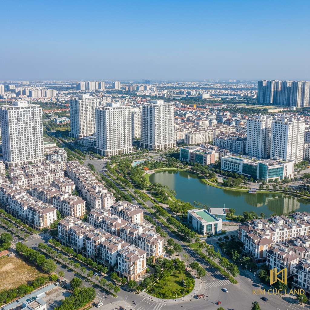 Khu đô thị hiện đại nhìn từ ban công tầng cao vào buổi hoàng hôn, phía dưới là con đường rộng rãi với hàng cây xanh hai bên, xa xa là những tòa nhà cao tầng khác, bầu trời chuyển màu cam-hồng tuyệt đẹp, phong cách nhiếp ảnh đô thị nghệ thuật, 4K