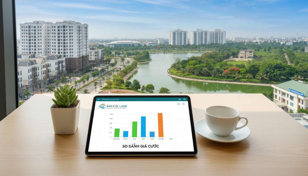 Một bảng thông tin kỹ thuật số hiện đại hiển thị trên màn hình tablet đặt trên bàn gỗ sáng màu, xung quanh có tách cà phê và cây xanh nhỏ. Trên màn hình là biểu đồ cột so sánh giá cước các loại xe với màu sắc tươi sáng xanh lá, xanh dương, cam. Ánh sáng tự nhiên từ cửa sổ, phong cách chụp flat lay chuyên nghiệp, 4K.