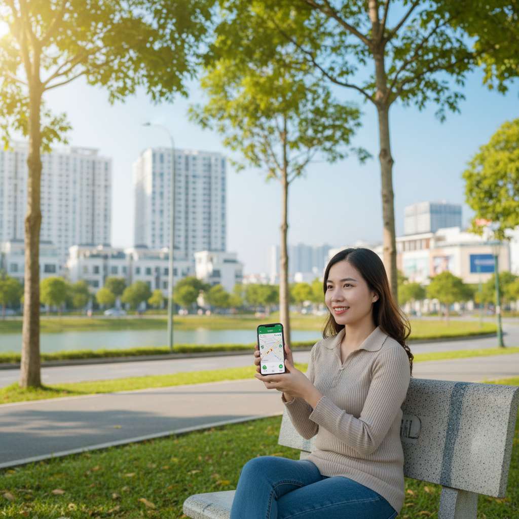 Một người phụ nữ Việt Nam trẻ tuổi đang ngồi trên ghế đá công viên xanh mát, tay cầm điện thoại thông minh với màn hình hiển thị giao diện ứng dụng gọi xe. Xung quanh là cây xanh và đường đi bộ sạch đẹp. Ánh sáng buổi chiều dịu nhẹ, bokeh nền mềm mại, phong cách lifestyle photography, 4K.