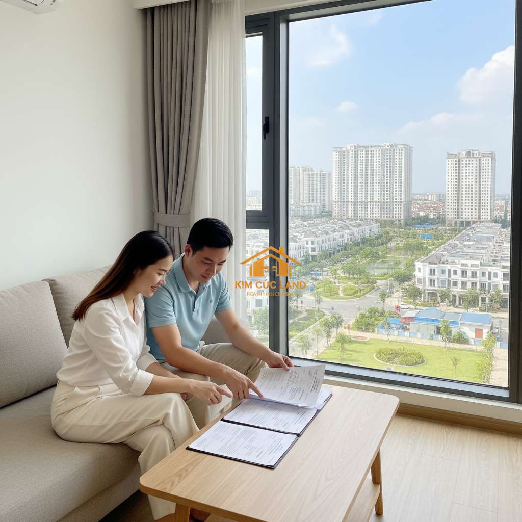 Cặp vợ chồng trẻ Việt Nam đang ngồi trên sofa trong phòng khách căn hộ chung cư mới, xem xét giấy tờ hợp đồng trên bàn trà, nội thất tối giản sáng sủa, cửa sổ lớn cho ánh sáng tự nhiên tràn vào, không khí ấm cúng hạnh phúc.