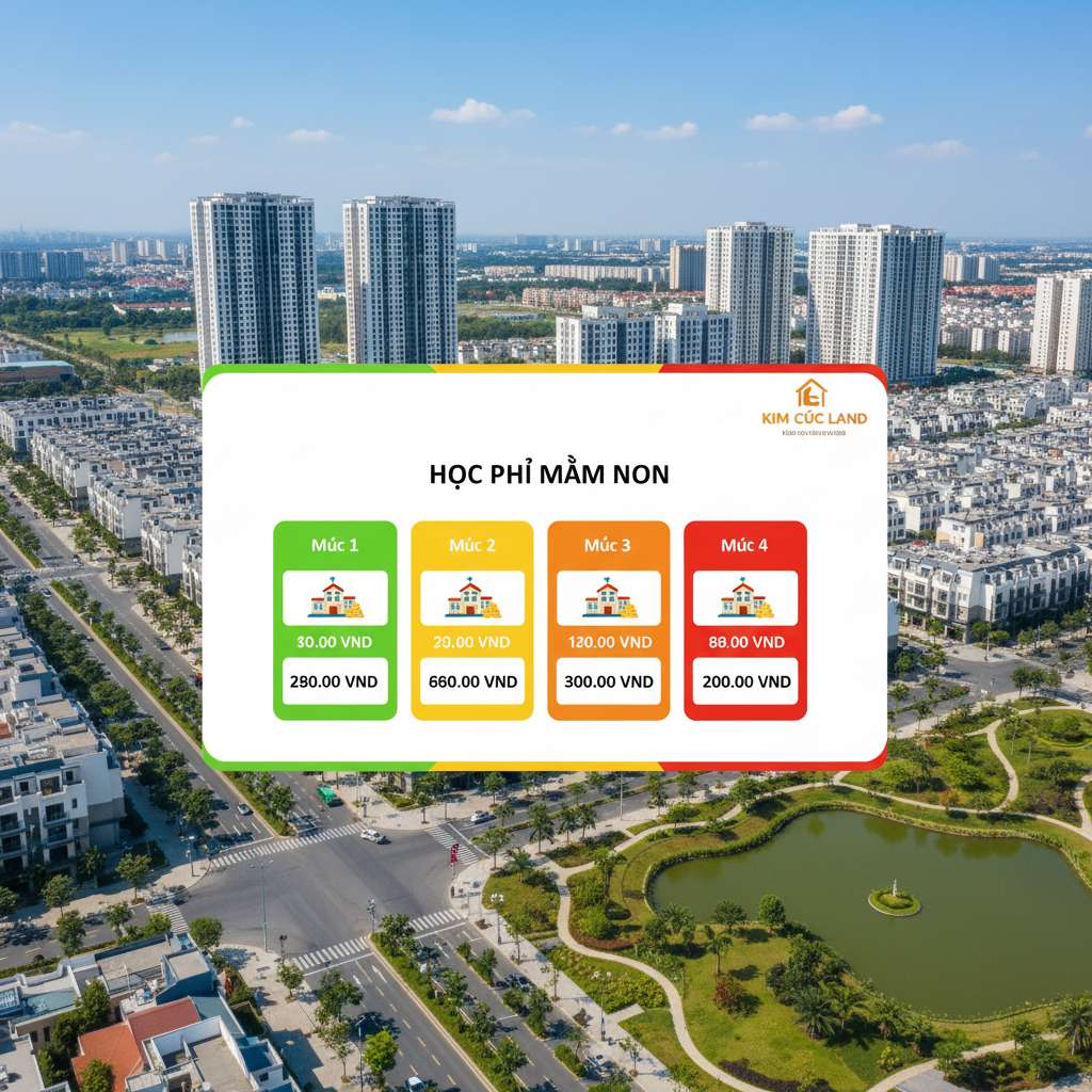 Bảng infographic màu sắc tươi sáng trình bày 4 mức giá học phí mầm non, mỗi mức một màu khác nhau (xanh lá, vàng, cam, đỏ), biểu tượng ngôi trường nhỏ và đồng xu bên cạnh mỗi cột, nền trắng sạch sẽ, font chữ hiện đại dễ đọc, phong cách thiết kế phẳng chuyên nghiệp, 4K