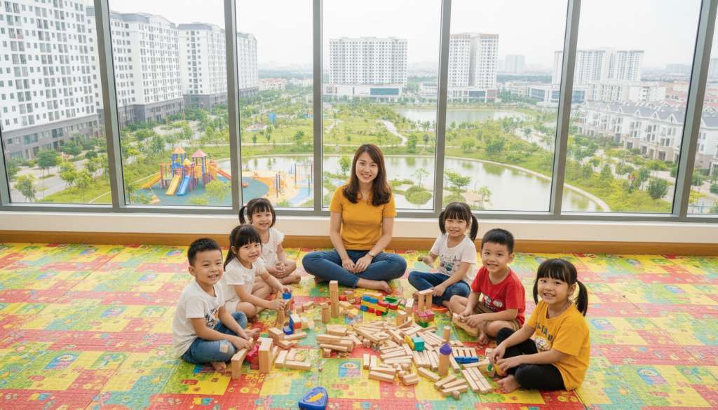Cô giáo mầm non Việt Nam trẻ trung đang ngồi cùng nhóm 5-6 trẻ nhỏ trên sàn lớp học đầy màu sắc, các bé đang chơi xếp hình gỗ và đồ chơi giáo dục, nụ cười rạng rỡ, lớp học rộng thoáng có cửa sổ lớn nhìn ra sân chơi ngoài trời, phong cách chụp ảnh tự nhiên chân thực, 4K, tông ấm