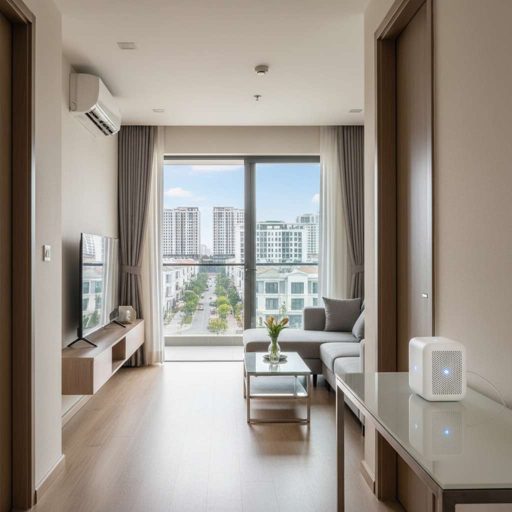 Không gian căn hộ chung cư hiện đại nhìn từ hành lang vào phòng khách, bộ wifi mesh gồm 2 thiết bị trắng nhỏ gọn — một đặt trên kệ phòng khách, một đặt trên bàn hành lang, đèn LED xanh nhỏ sáng nhẹ, ánh sáng tự nhiên ấm áp, 4K, phong cách lifestyle