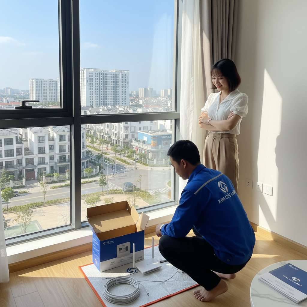 Kỹ thuật viên viễn thông mặc đồng phục đang lắp đặt bộ router wifi mới trong căn hộ chung cư, bên cạnh là hộp thiết bị và cuộn cáp quang, chủ nhà — một phụ nữ trẻ Việt Nam — đứng quan sát với nụ cười hài lòng, ánh sáng tự nhiên từ cửa sổ, 4K, phong cách phóng sự