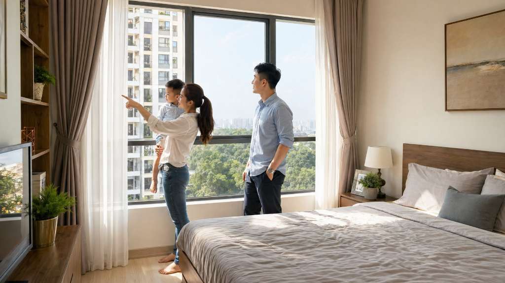 Gia đình trẻ ngắm nhìn khung cảnh từ căn hộ mới
