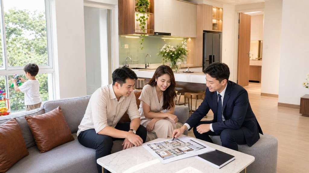 Gia đình trẻ tư vấn mua căn hộ cùng chuyên viên bất động sản