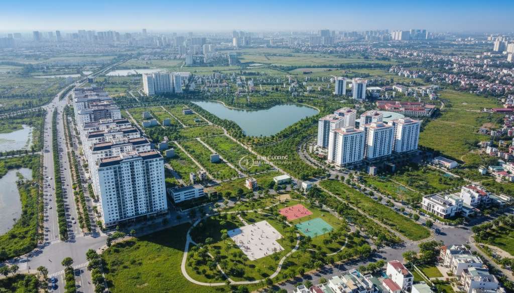 Góc chụp từ trên cao một khu đô thị hiện đại với các mảng xanh công viên xen kẽ giữa các tòa chung cư, đường nội bộ sạch sẽ, trẻ em đang chơi dưới sân, ánh sáng buổi sáng trong lành, phong cách flycam đời thực 4K