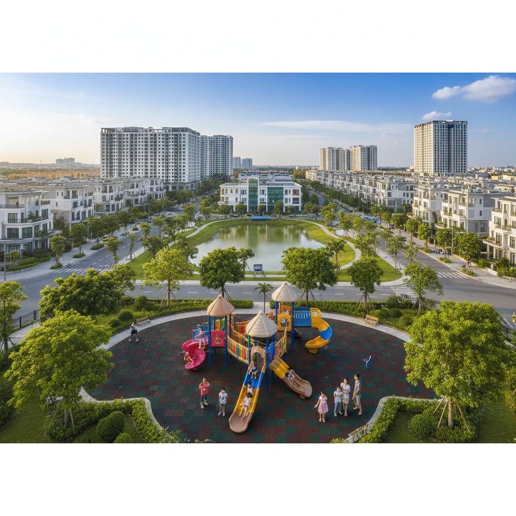 Trẻ em Việt Nam đang leo cầu trượt liên hoàn nhiều màu sắc tại sân chơi ngoài trời trong khu chung cư, thảm cao su an toàn dưới đất, phụ huynh đứng gần giám sát, cây xanh xung quanh, ánh sáng buổi chiều dịu nhẹ, ảnh đời thực chất lượng cao 4K