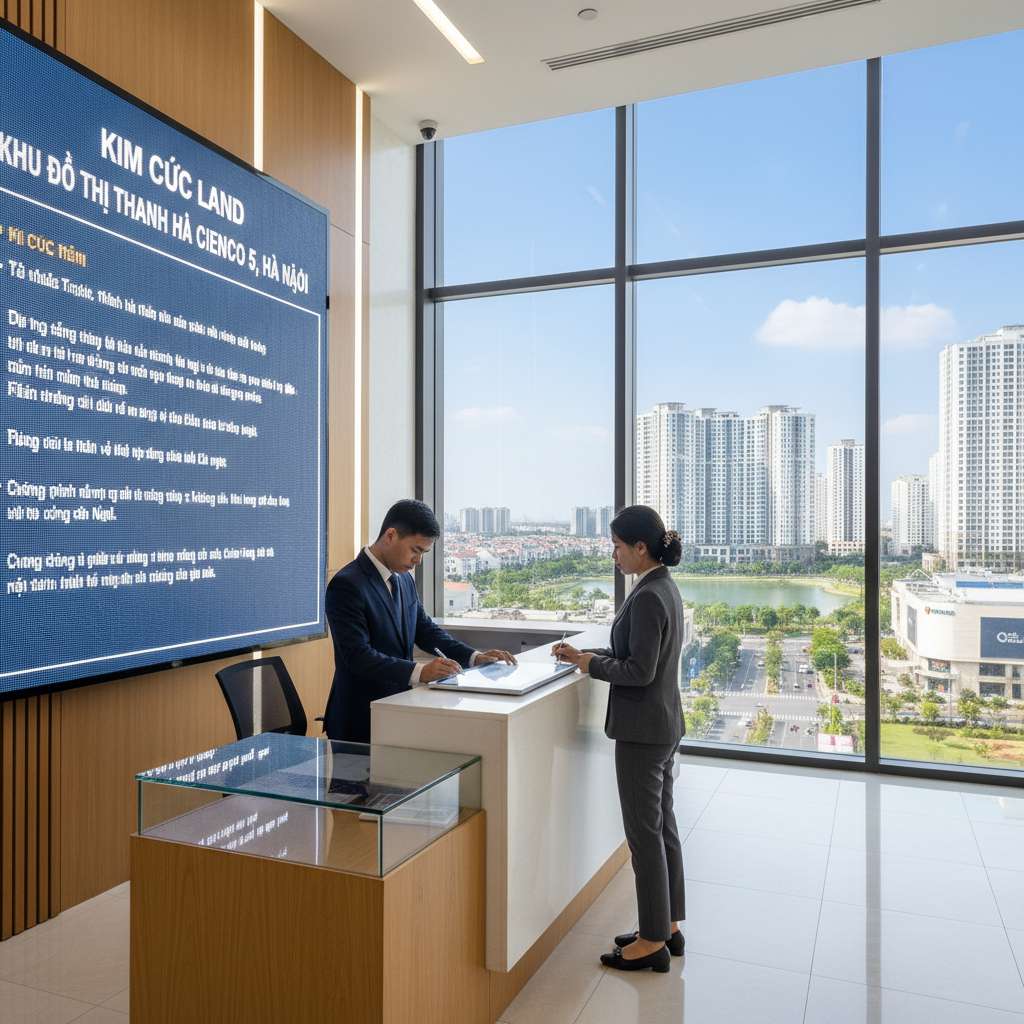 Quầy lễ tân sảnh chung cư cao tầng hiện đại, nhân viên bảo vệ mặc vest đang hướng dẫn cư dân điền phiếu đăng ký trên bàn, phía sau là bảng thông báo nội quy tòa nhà, ánh sáng đèn LED trắng sáng, phong cách ảnh chân thực, 4K