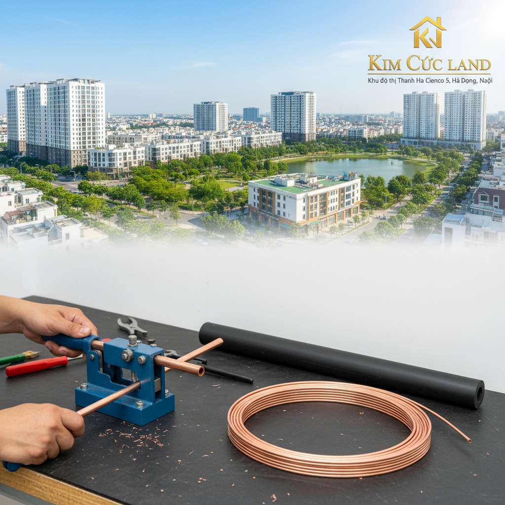 Cận cảnh tay thợ kỹ thuật đang loe ống đồng bằng bộ dụng cụ chuyên dụng trên bàn thao tác, bên cạnh là cuộn ống đồng mới sáng bóng và ống bảo ôn đen, nền mờ là tường căn hộ mới sơn trắng, ánh sáng studio rõ nét, phong cách ảnh kỹ thuật chuyên nghiệp, 4K