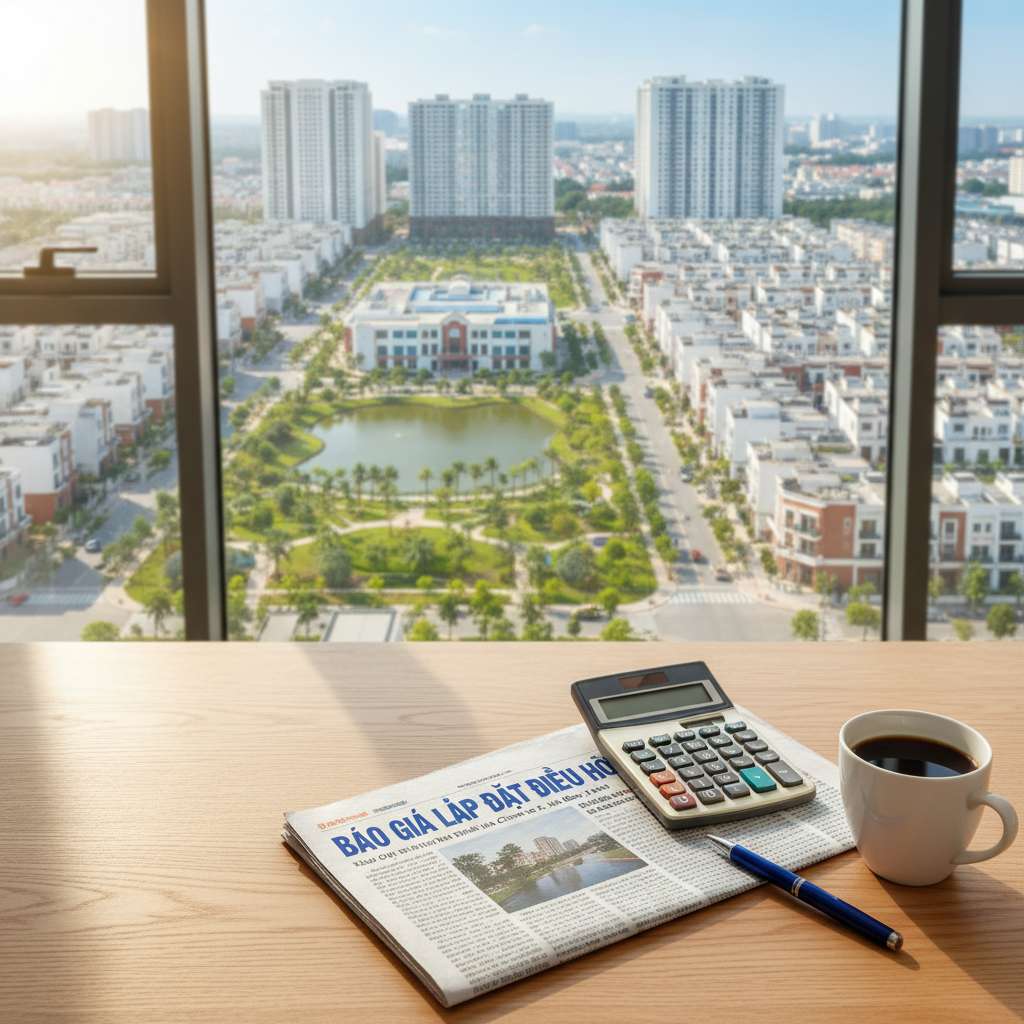 Bàn làm việc gỗ sáng với tờ báo giá lắp đặt điều hòa, bên cạnh là chiếc máy tính bỏ túi, bút bi và tách cà phê, phía sau mờ nhẹ là phòng khách căn hộ chung cư mới hoàn thiện với cửa sổ lớn, ánh sáng ấm áp ban ngày, phong cách ảnh lifestyle chân thực, 4K