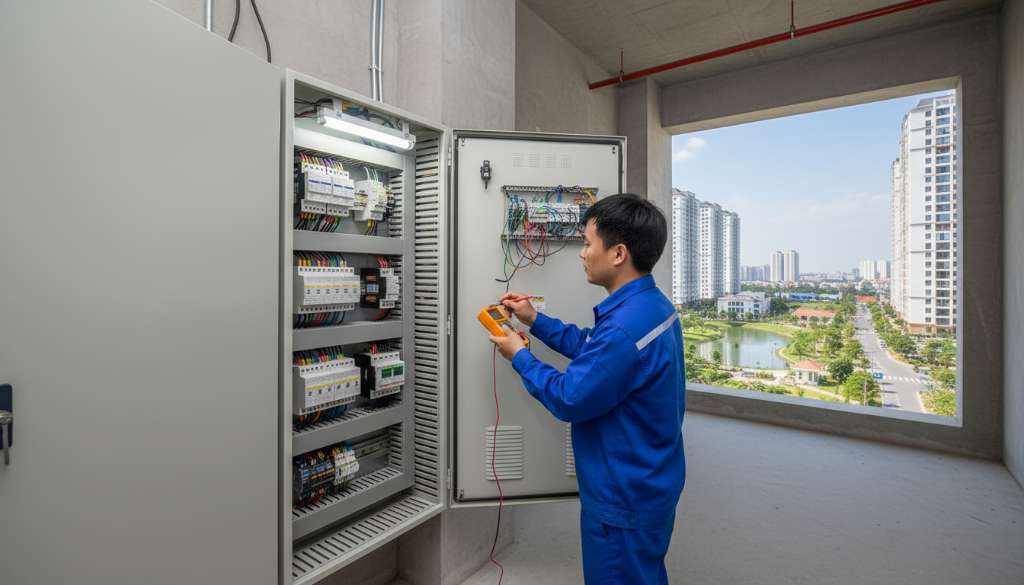 Nhân viên kỹ thuật mặc đồng phục xanh đang kiểm tra tủ điện tại tầng kỹ thuật một tòa chung cư cao tầng, ánh sáng nhân tạo chiếu rõ bảng mạch, góc chụp ngang tầm mắt, phong cách ảnh phóng sự công nghiệp, sắc nét 4K