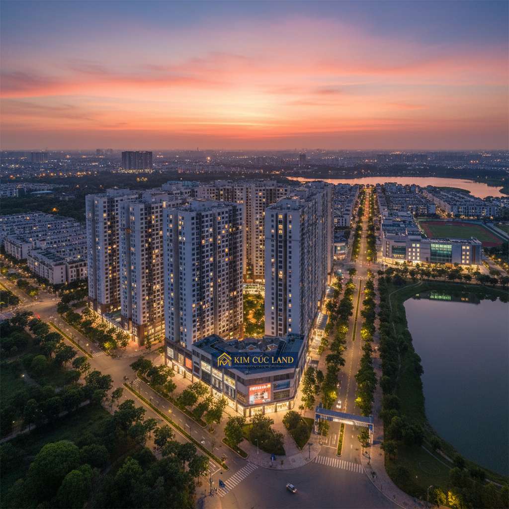 Toàn cảnh khu chung cư cao tầng hiện đại vào buổi chiều hoàng hôn, các tòa nhà sáng đèn ấm áp, phía dưới là đường nội khu sạch đẹp có cây xanh hai bên, bầu trời gradient cam — xanh tím, phong cách ảnh kiến trúc đô thị chuyên nghiệp, chất lượng 4K