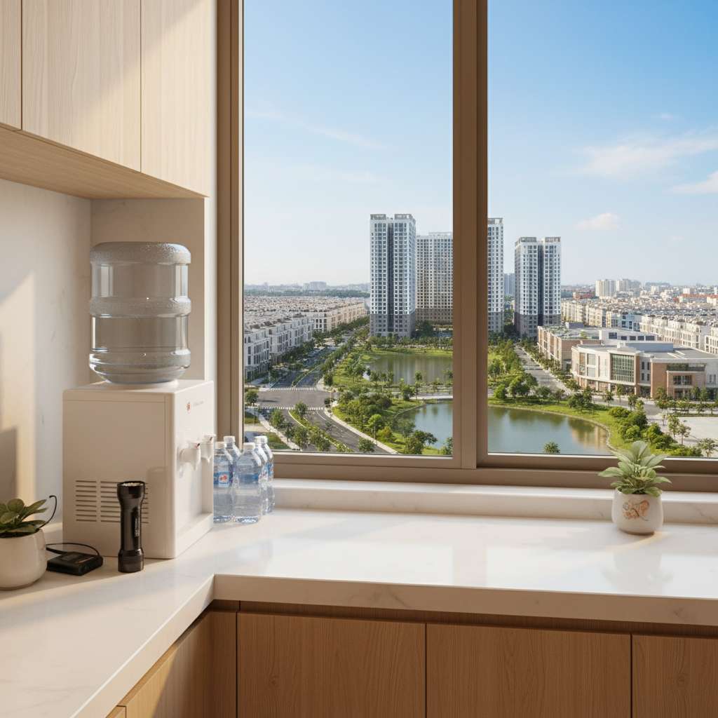 Không gian bếp căn hộ chung cư gọn gàng, trên bàn có bình nước lớn dự trữ, đèn pin, sạc dự phòng và vài chai nước đóng sẵn, ánh sáng ấm từ cửa sổ chiếu vào, phong cách ảnh lifestyle gia đình Việt Nam, tông màu ấm, chất lượng 4K