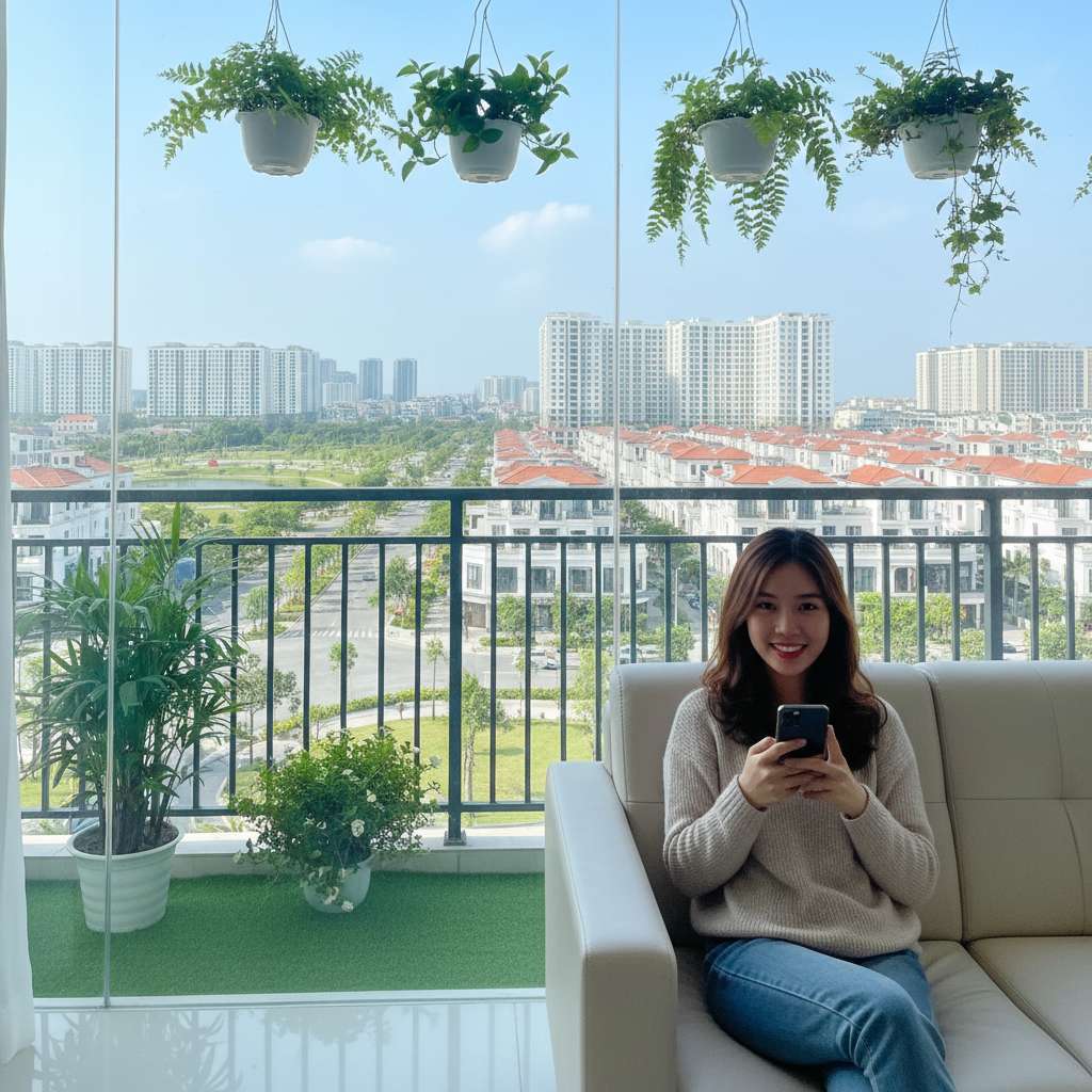 Người phụ nữ Việt Nam trẻ ngồi trên sofa phòng khách căn hộ chung cư hiện đại, đang cầm điện thoại với biểu cảm thoải mái, phía sau là cửa sổ kính lớn nhìn ra ban công có cây xanh, ánh sáng tự nhiên dịu nhẹ, phong cách ảnh chân dung lifestyle, chất lượng 4K