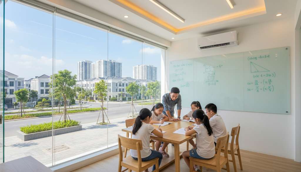 Phòng học nhóm nhỏ hiện đại tại tầng trệt nhà phố thương mại, 5-6 học sinh ngồi quanh bàn chung đang làm bài tập, giáo viên nam trẻ đang hướng dẫn một em, bảng trắng có công thức Toán, điều hòa treo tường, đèn LED sáng, cửa kính trong suốt nhìn ra vỉa hè sạch sẽ, phong cách ảnh editorial giáo dục, 4K, tông sáng tự nhiên