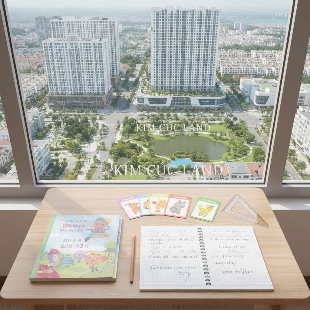 Bàn học của trẻ tiểu học nhìn từ trên xuống, bày sách Toán, bộ flashcard tiếng Anh đầy màu sắc, vở luyện chữ đẹp, cây bút chì và thước kẻ, ánh sáng tự nhiên từ cửa sổ chiếu vào, phong cách flat lay photography, 4K, tông pastel ấm áp