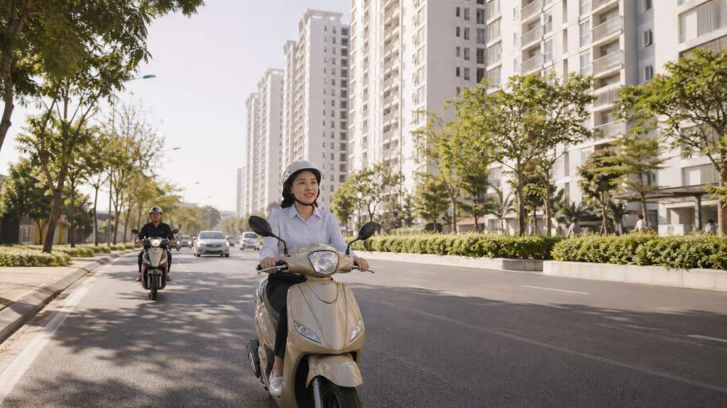Cô gái trẻ chạy xe máy trên đường phố khu đô thị