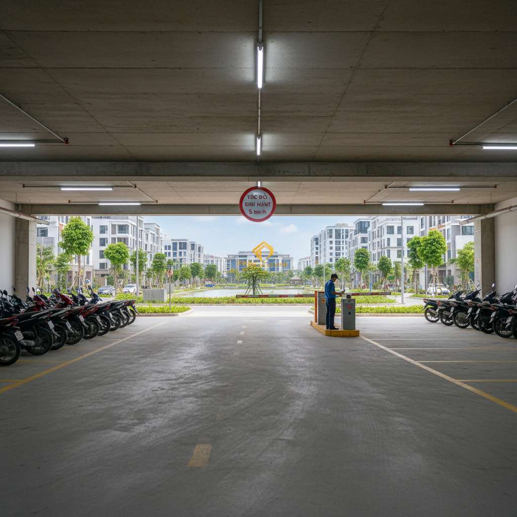 Tầng hầm đỗ xe chung cư Thanh Hà rộng rãi, đèn LED trắng chiếu sáng đều, hàng xe máy đỗ ngay ngắn bên trái, khu vực đỗ ô tô kẻ vạch vàng bên phải. Biển báo giới hạn tốc độ 5 km/h treo trên trần, nhân viên bảo vệ đứng cạnh cổng barie kiểm tra thẻ xe. Góc chụp phối cảnh sâu, ánh đèn nhân tạo, phong cách ảnh kiến trúc công nghiệp, 4K.