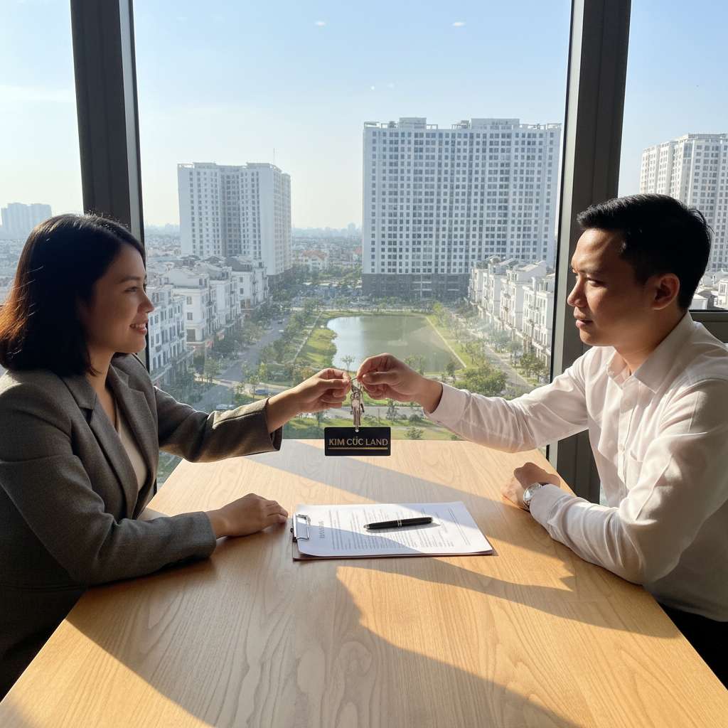 Hai người đang ngồi tại bàn trong căn hộ chung cư Thanh Hà sáng sủa, một người trao chìa khóa cho người kia, trên bàn đặt hợp đồng cho thuê và bút ký. Phía sau là cửa sổ lớn nhìn ra khu đô thị Thanh Hà với các tòa nhà cao tầng và cây xanh. Ánh sáng tự nhiên tràn vào phòng, góc chụp ngang tầm bàn, phong cách ảnh lifestyle ấm áp, 4K.