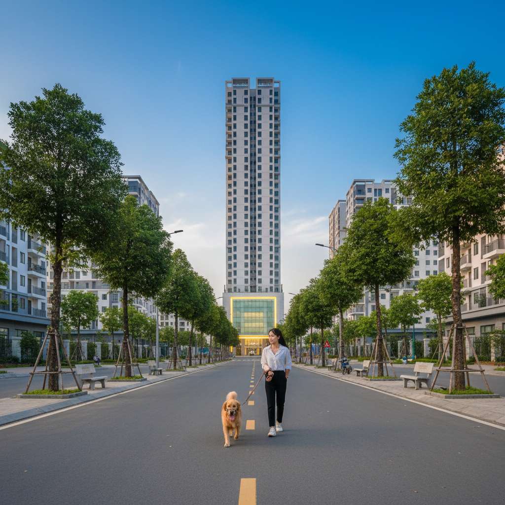 Cư dân trẻ dắt chó Golden Retriever đeo rọ mõm và dây xích đi bộ trên đường nội khu KĐT Thanh Hà, hai bên đường là hàng cây xanh và ghế đá công viên. Phía xa là mặt tiền tòa chung cư HH với sảnh kính sáng đèn. Ánh nắng chiều dịu, bầu trời trong xanh, góc chụp ngang theo bước chân, phong cách ảnh lifestyle ngoài trời, 4K.