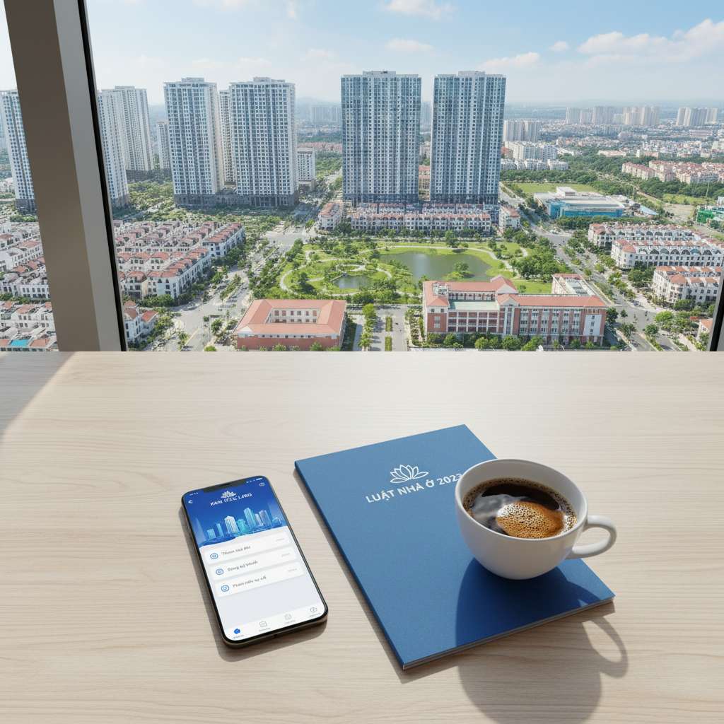 Màn hình điện thoại smartphone hiển thị giao diện ứng dụng quản lý chung cư với các mục: thanh toán phí, đăng ký khách, phản ánh sự cố. Phía sau là bàn gỗ sáng màu, cạnh đó là tập văn bản Luật Nhà ở 2023 bìa xanh và ly cà phê. Ánh sáng tự nhiên từ cửa sổ, góc chụp top-down 45 độ, phong cách ảnh flatlay công nghệ, 4K.
