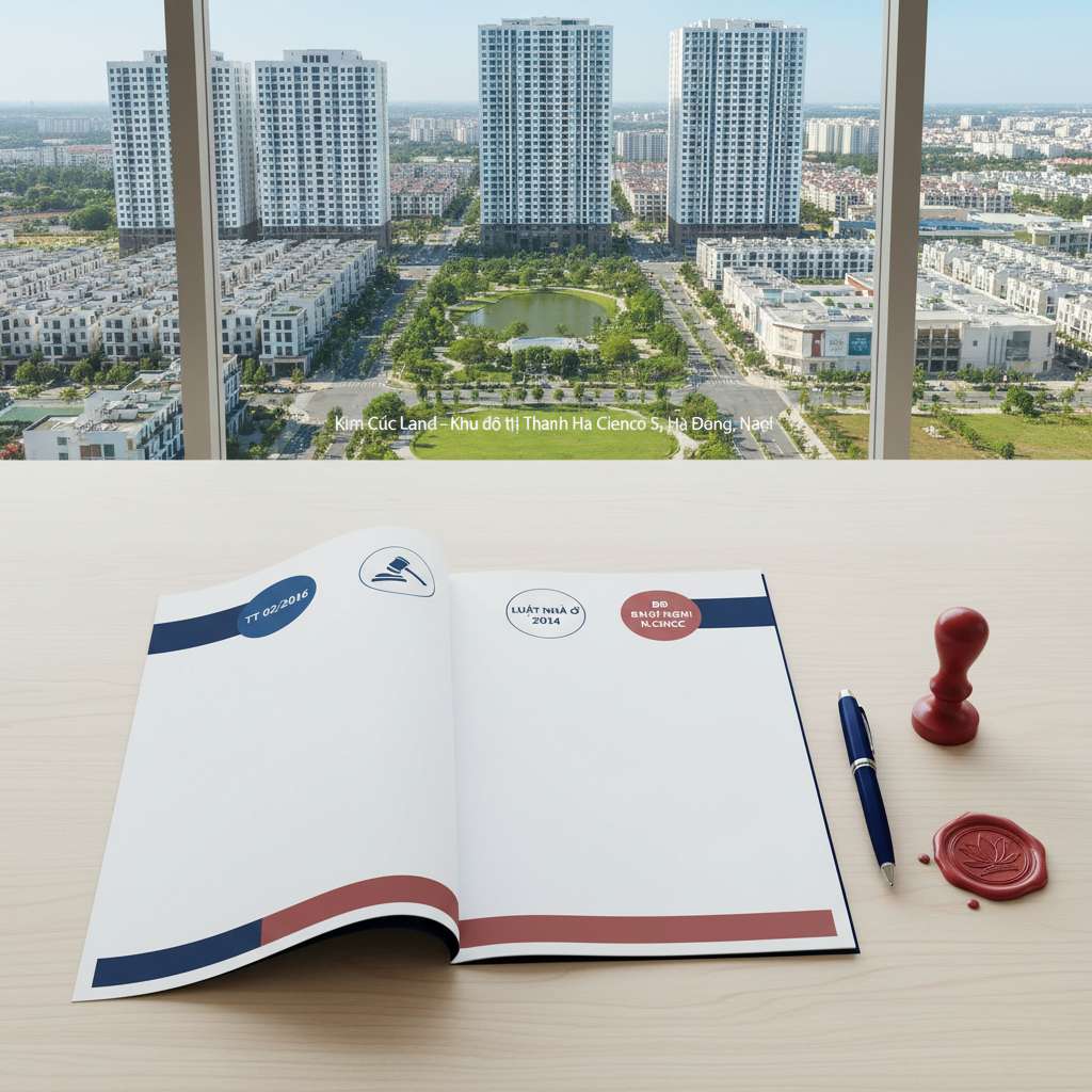 Minh họa phẳng (flat design) một tài liệu pháp lý mở ra trên bàn gỗ, bên trên có các icon nhỏ đại diện cho Thông tư 02/2016, Luật Nhà ở 2014 và biên bản hội nghị nhà chung cư, bên cạnh là cây bút và con dấu đỏ, nền sáng tông be nhạt, góc chụp từ trên xuống (flat lay), thiết kế chuyên nghiệp, tông màu xanh đậm – trắng – đỏ nhạt.