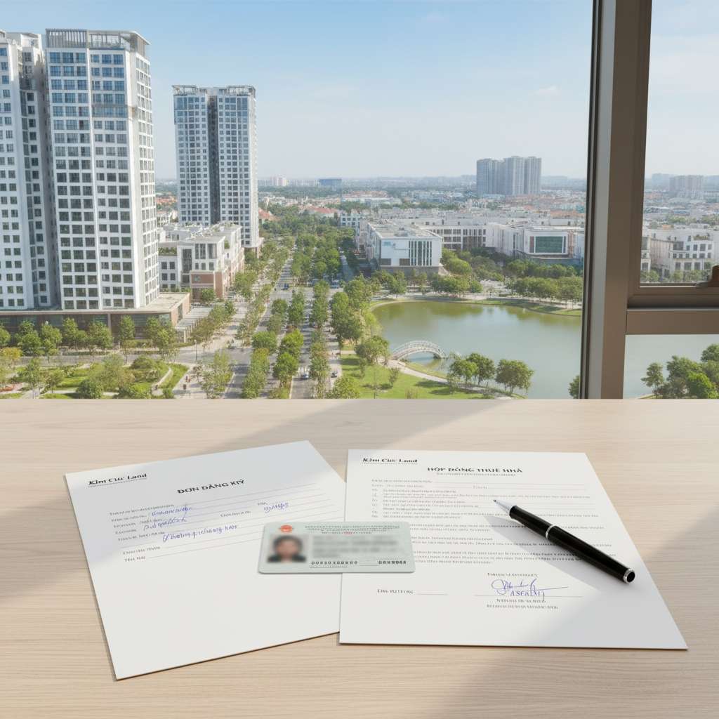 Góc chụp flat-lay từ trên xuống của bộ hồ sơ giấy tờ gồm đơn đăng ký, căn cước công dân, hợp đồng thuê nhà và bút ký đặt trên mặt bàn gỗ sáng màu. Ánh sáng tự nhiên dịu nhẹ từ cửa sổ, phong cách chụp tối giản chuyên nghiệp, tông màu trung tính ấm.