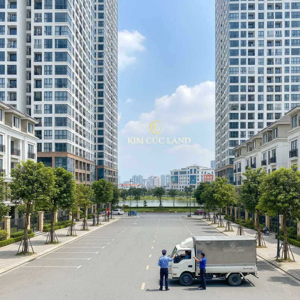 Bãi đỗ xe rộng rãi phía trước sảnh tầng trệt tòa chung cư cao tầng, một chiếc xe tải nhỏ 1.25 tấn màu trắng đỗ gọn gàng, bảo vệ mặc đồng phục đang hướng dẫn tài xế. Cây xanh hai bên đường nội khu, ánh sáng ban ngày trong trẻo, phong cách chụp đời thường tự nhiên.