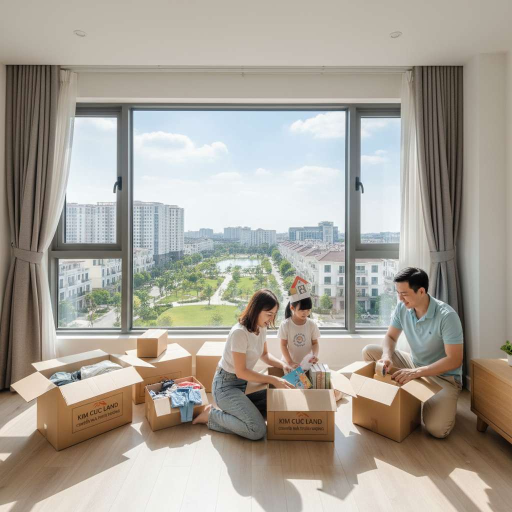 Gia đình trẻ Việt Nam gồm vợ chồng và con nhỏ đang cùng nhau xếp đồ vào thùng carton trong phòng khách căn hộ chung cư sáng sủa, nội thất hiện đại, cửa sổ lớn cho ánh sáng tự nhiên tràn vào. Không khí vui vẻ, phấn khởi, phong cách chụp lifestyle ấm áp.