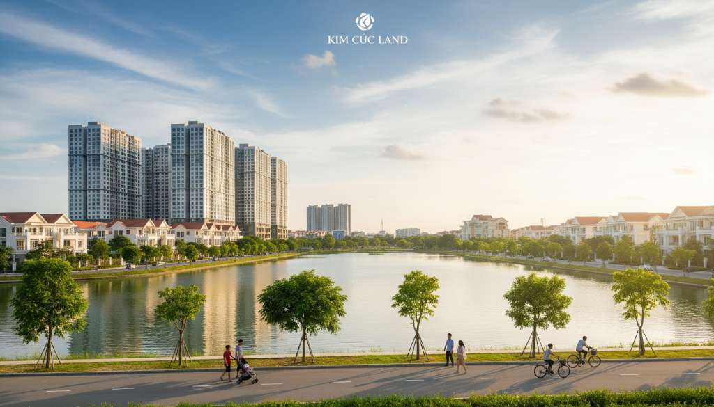 Nhóm người dân đang đi dạo buổi chiều trên con đường ven hồ nước trong một khu đô thị, hàng cây xanh phản chiếu trên mặt hồ, trẻ em đạp xe phía xa, ánh hoàng hôn vàng ấm, phong cách nhiếp ảnh đời thường tự nhiên, chất lượng cao