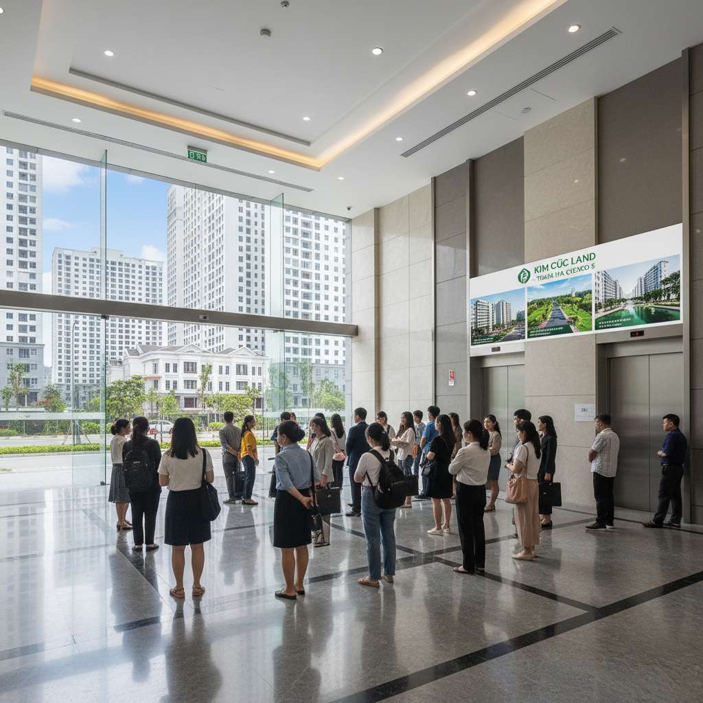 Sảnh thang máy tầng trệt một tòa chung cư cao tầng vào giờ sáng, nhiều cư dân xách cặp và ba lô đang xếp hàng chờ thang, không gian sảnh rộng với ánh đèn sáng, phong cách ảnh phóng sự đời thường, tông màu trung tính