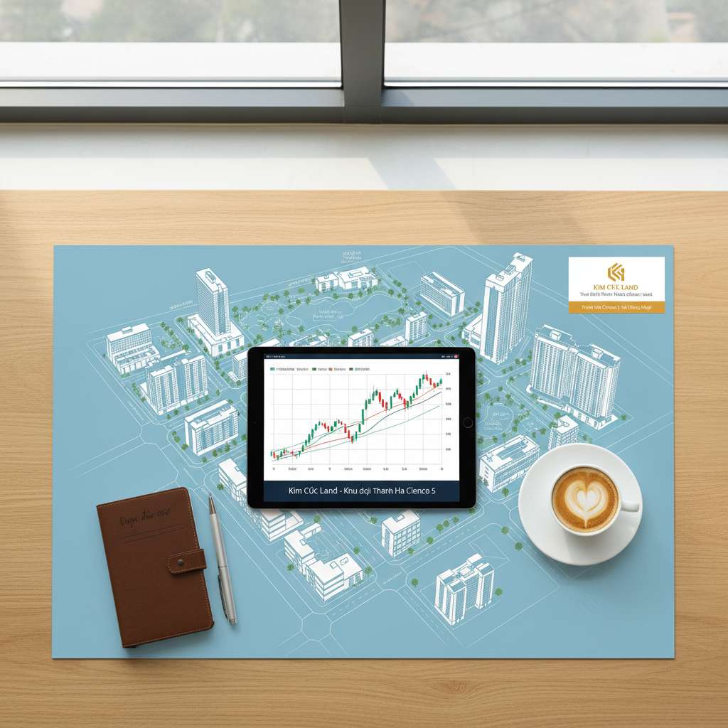 Bàn làm việc nhìn từ trên xuống với máy tính bảng hiển thị biểu đồ tài chính, bên cạnh là tách cà phê và sổ ghi chép, ánh sáng tự nhiên từ cửa sổ, phong cách ảnh flat lay tối giản hiện đại
