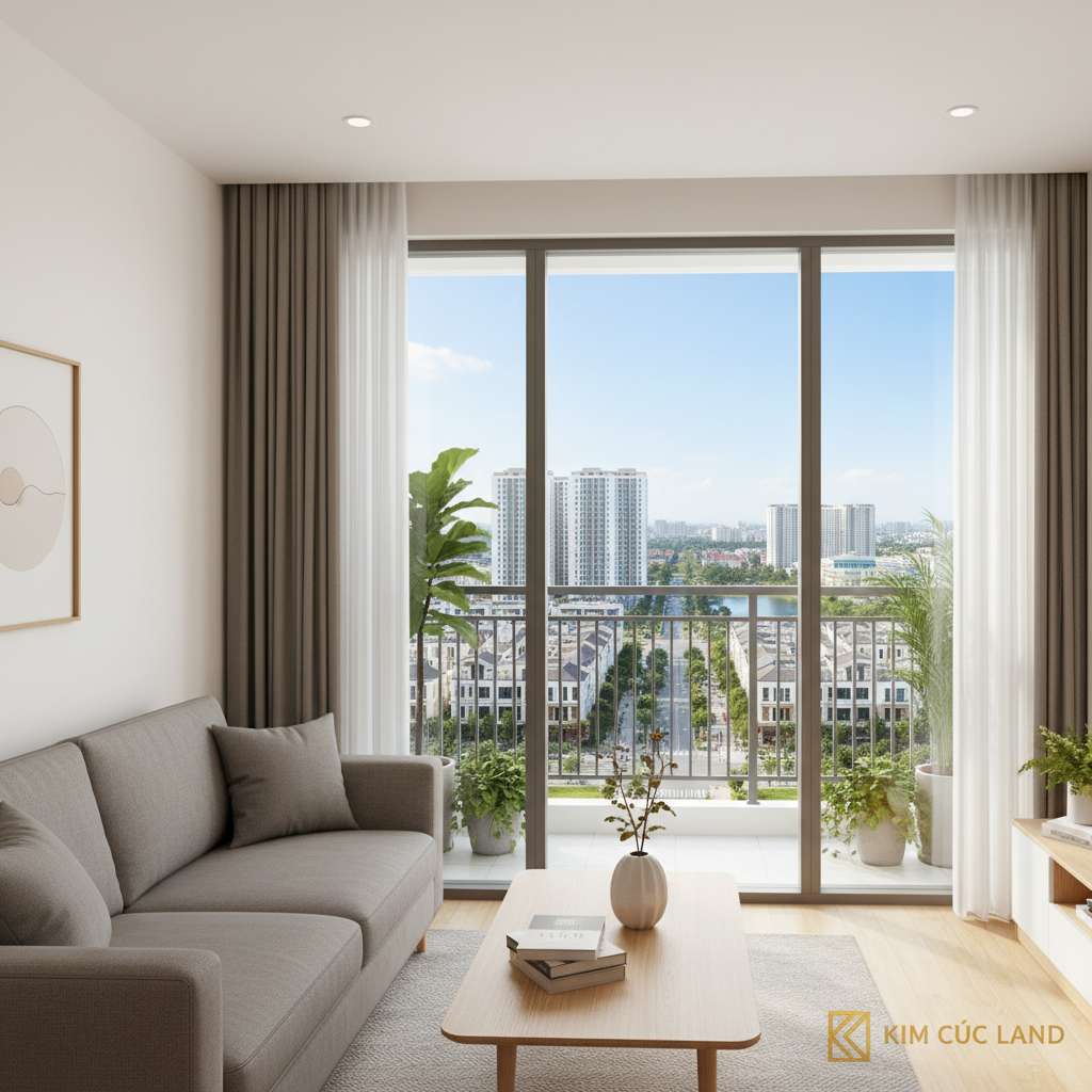 Phòng khách căn hộ chung cư hiện đại rộng khoảng 20m², nội thất tối giản phong cách Bắc Âu, sofa xám, bàn trà gỗ, cửa sổ kính lớn nhìn ra ban công có cây xanh, ánh sáng tự nhiên tràn ngập, tông màu trắng ấm và gỗ nhạt