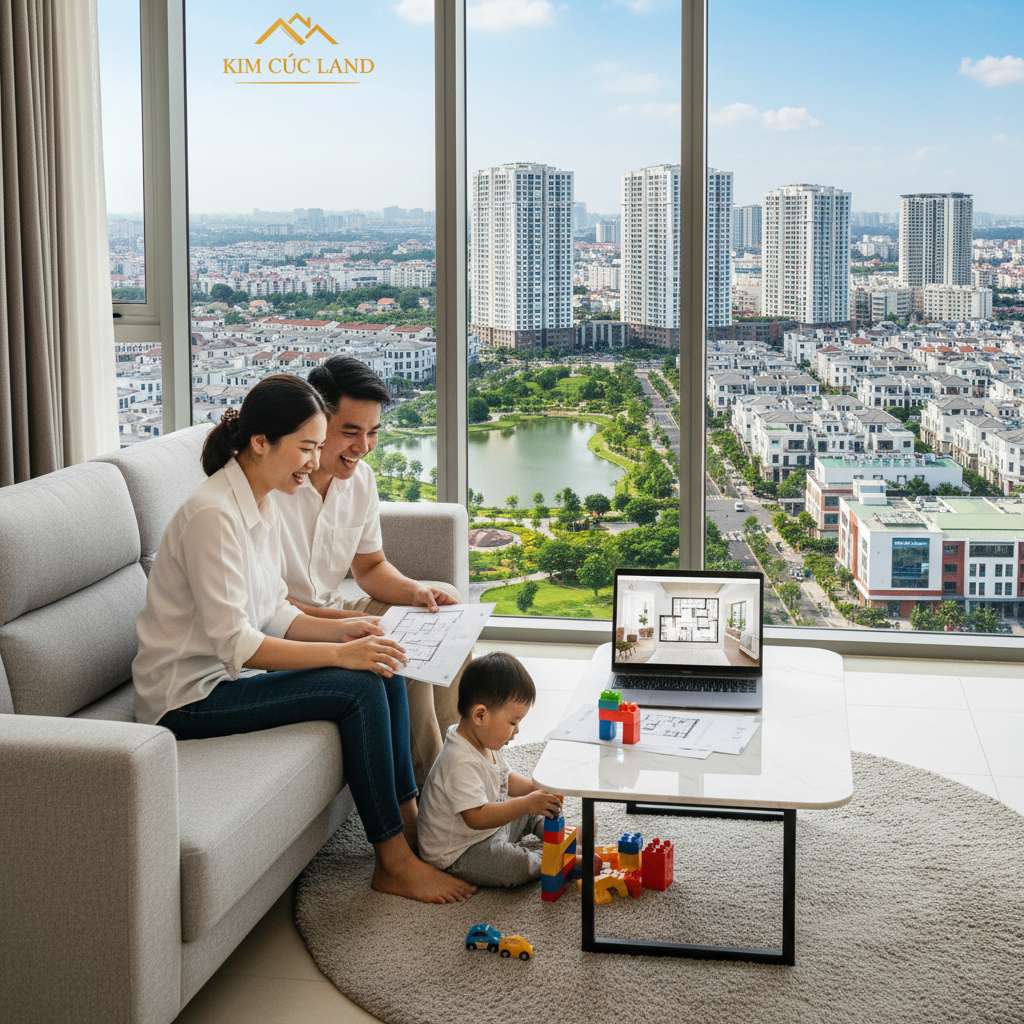 Cặp vợ chồng trẻ Việt Nam đang ngồi trên sofa trong phòng khách căn hộ mới, nhìn bản vẽ thiết kế nội thất trên laptop, gương mặt vui vẻ hào hứng, bé nhỏ chơi đồ chơi dưới sàn, không gian ấm cúng tràn ánh sáng tự nhiên