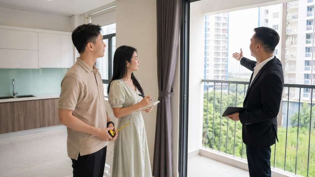 Nhân viên tư vấn giới thiệu căn hộ cho khách hàng