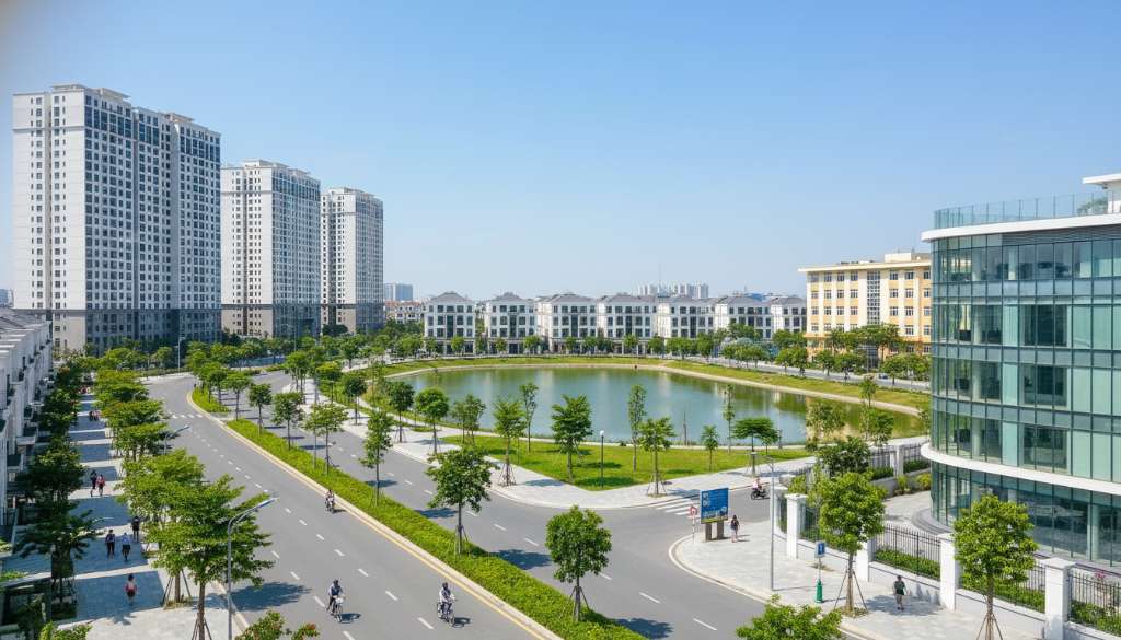 Đường dạo bộ trong khu đô thị hiện đại buổi tối mùa hè, hai bên là hàng cây xanh và đèn LED vàng ấm, nhiều người Việt Nam đang đi bộ và chạy bộ, phía xa có sân chơi trẻ em sáng đèn, mặt hồ phản chiếu ánh đèn lung linh, không khí trong lành, phong cách nhiếp ảnh phong cảnh đô thị, chất lượng cao, tông màu ấm