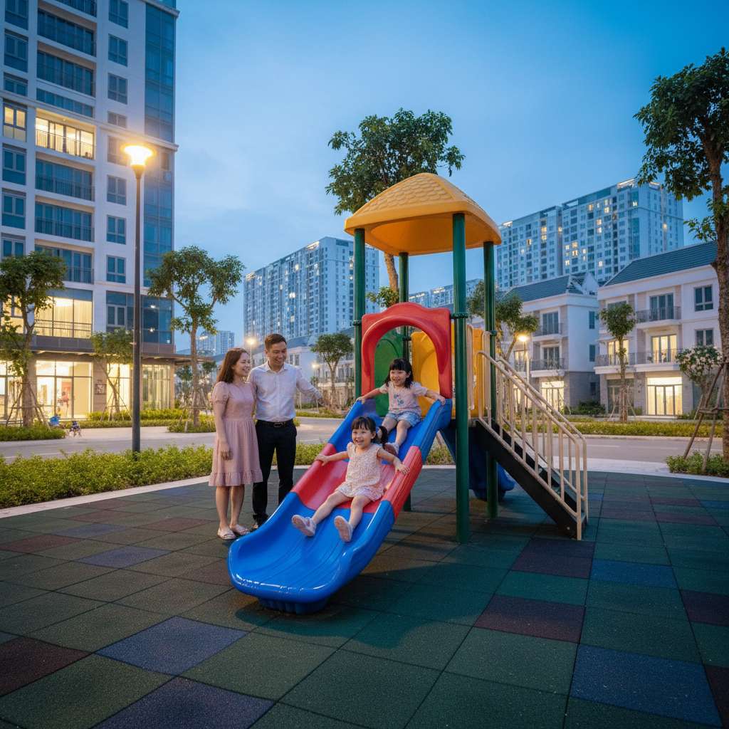 Cận cảnh khu sân chơi trẻ em ngoài trời buổi tối trong khu đô thị, cầu trượt nhựa nhiều màu sắc tươi sáng, nền lót cao su an toàn, hai bé gái Việt Nam đang chơi cầu trượt cười vui, phụ huynh đứng gần trông con, đèn công viên chiếu sáng ấm, bokeh đèn phía sau, phong cách nhiếp ảnh đời thường tự nhiên, chất lượng 4K