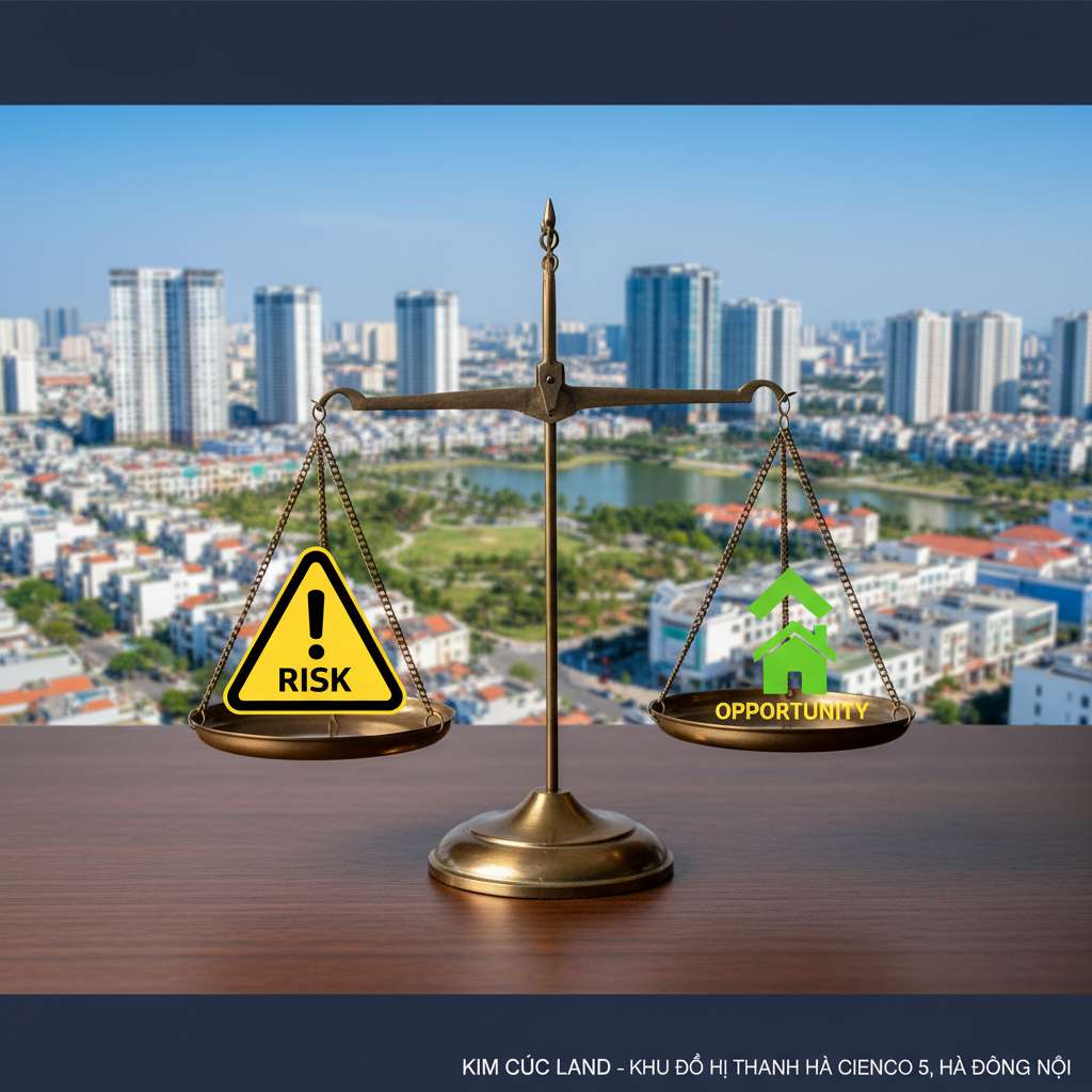 Hình ảnh cán cân thăng bằng bằng đồng đặt trên bàn gỗ, đĩa bên trái chứa biểu tượng tam giác cảnh báo vàng có dấu chấm than (rủi ro), đĩa bên phải chứa mũi tên xanh lá hướng lên và biểu tượng ngôi nhà nhỏ (cơ hội), phía sau mờ nhòe là panorama khu đô thị Thanh Hà với nhiều tòa cao tầng, ánh sáng studio chuyên nghiệp, góc chụp ngang tầm mắt, tông xanh navy và vàng đồng.