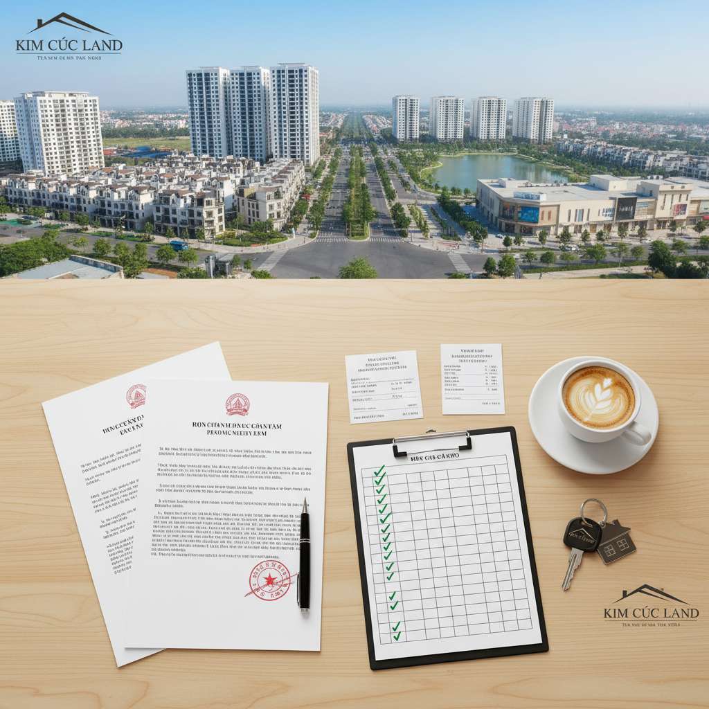 Bàn làm việc nhìn từ trên xuống (flat lay), trên bàn có tập hợp đồng mua bán nhà đóng dấu đỏ, biên bản bàn giao căn hộ, phiếu thu tiền, bút ký, cốc cà phê, một chiếc checklist giấy với nhiều ô đã được tích xanh, bên cạnh là chìa khóa căn hộ có móc khóa hình ngôi nhà, nền gỗ sáng tự nhiên, ánh sáng đều từ trên xuống, phong cách chụp sản phẩm chuyên nghiệp.