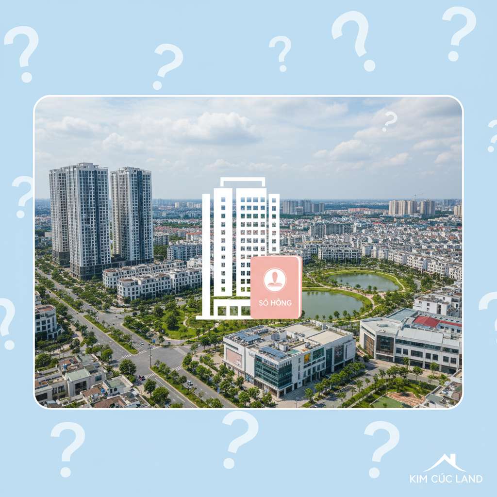 Hình nền xanh dương nhạt pastel với nhiều biểu tượng dấu hỏi chấm trắng kích cỡ khác nhau bay lơ lửng, ở giữa là biểu tượng tòa chung cư cao tầng trắng kèm cuốn sổ hồng phía trước, phong cách đồ họa phẳng (flat design) hiện đại, sạch sẽ, dễ nhìn.